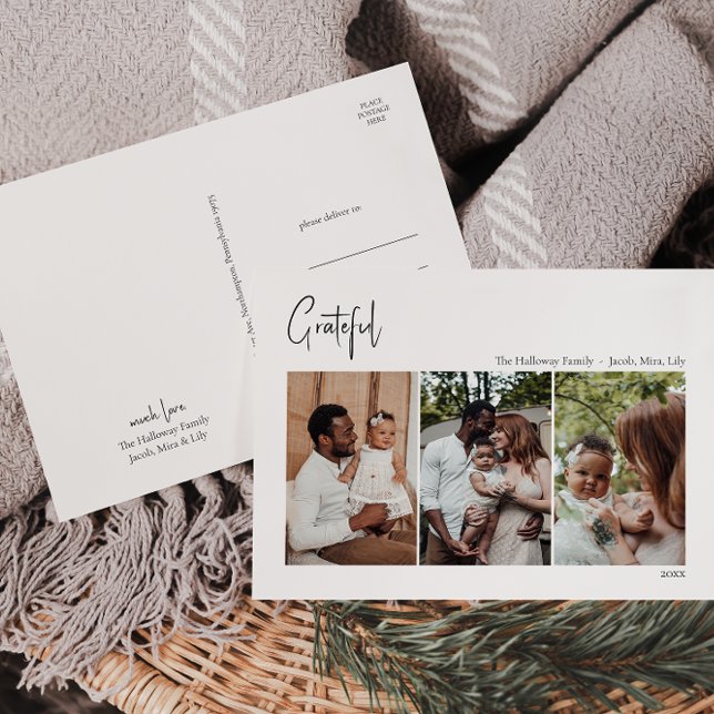 Cartão Postal De Festividades Script de Natal Moderno Grateful Três Foto (Criador carregado)