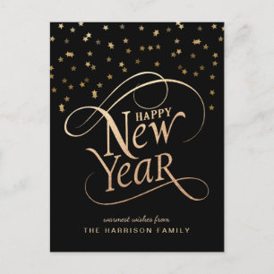 Cartão Postal De Festividades Script Elegante do feliz ano novo Dourado