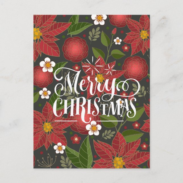 Cartão Postal De Festividades Script Elegante Red Poinsettia Floral Chic Busines (Frente)