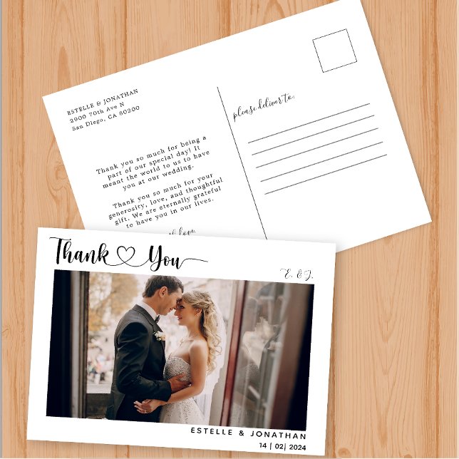 Cartão Postal De Festividades Script Moderno com Casamento Cardíaco Obrigado Fot (Criador carregado)