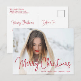 Cartão Postal De Festividades Script Vermelho Simples Foto Moderno Natal Elegant