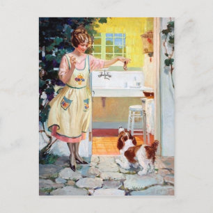 Cartão Postal De Festividades Senhora da vintagem bonita que alimenta o cartão-p