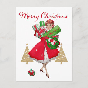 Cartão Postal De Festividades Senhorita de Natal Vintage Presentes Vermelho Verd