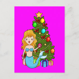 Cartão Postal De Festividades Sereia Azul e Árvore Natal