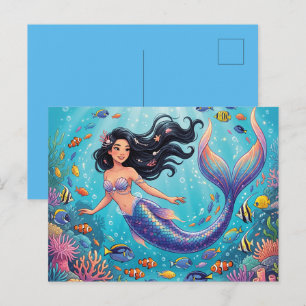 Cartão Postal De Festividades Sereia Bonita de Desenho Animado sob o Mar