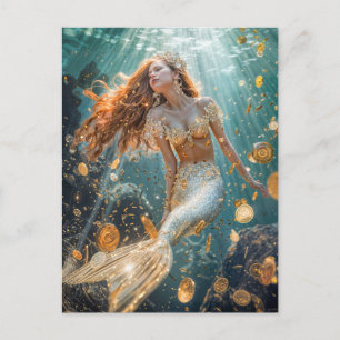 Cartão Postal De Festividades Sereia com Cauda de Ouro e moedas à luz do sol