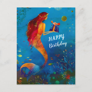 Cartão Postal De Festividades Sereia com Gliteira Azul Profunda de Água