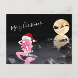 Cartão Postal De Festividades Sereia com Papais noeis e Feliz Natal