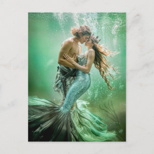 Cartão Postal De Festividades Sereia e Merman Casal Embrião Submarino