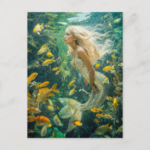 Cartão Postal De Festividades Sereia Nadando Entre Cardume de Peixes Amarelos