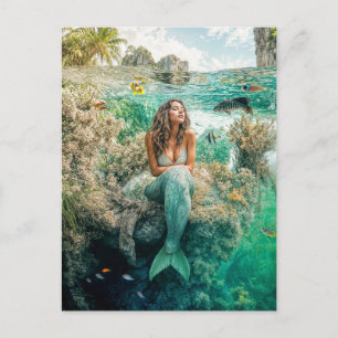 Cartão Postal De Festividades Sereia no exuberante jardim de coral submarino