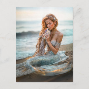 Cartão Postal De Festividades Sereia sentada na praia do oceano com concha