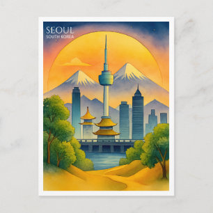 Cartão Postal De Festividades Seul Coreia do Sul Aquarela Silhueta