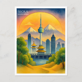 Cartão Postal De Festividades Seul Coreia do Sul Watercolor Skyline