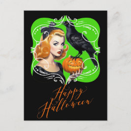 Cartão Postal De Festividades Sexy Halloween Girl e Raven