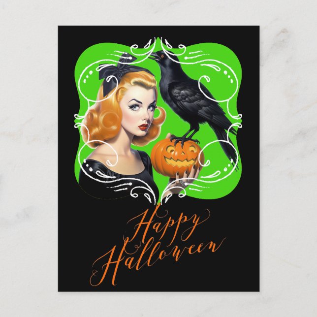 Cartão Postal De Festividades Sexy Halloween Girl e Raven (Frente)