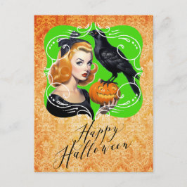 Cartão Postal De Festividades Sexy Halloween Girl e Raven