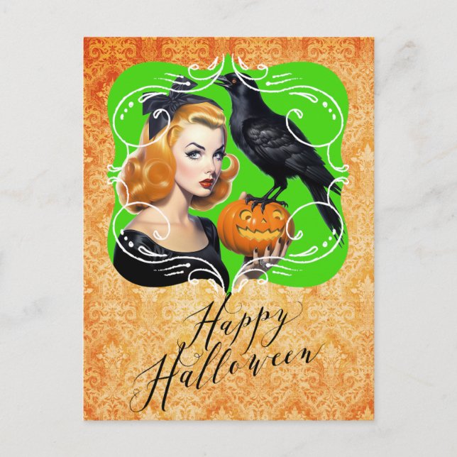 Cartão Postal De Festividades Sexy Halloween Girl e Raven (Frente)