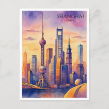 Shanghai Skyline China Viagem Watercolor