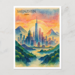 Cartão Postal De Festividades Shenzhen China Aquarela Silhueta da Cidade Souveni
