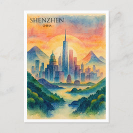 Cartão Postal De Festividades Shenzhen China Watercolor Skyline Souvenir