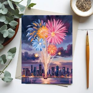 Cartão Postal De Festividades Show de Fogos de Artifício Água-forte de Ano Nov