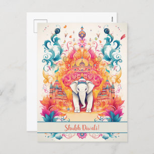 Cartão Postal De Festividades 🐘 Shubh Diwali com Elegância Watercolor