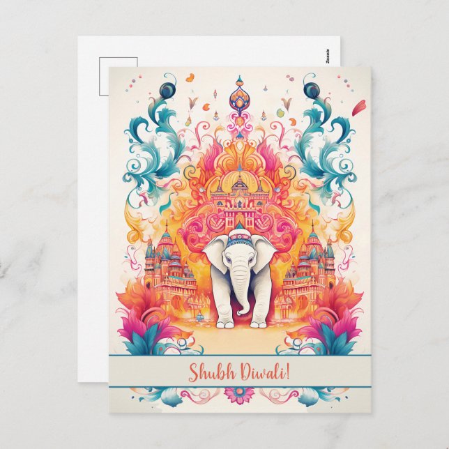 Cartão Postal De Festividades 🐘 Shubh Diwali com Elegância Watercolor (Frente/Verso)