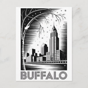 Cartão Postal De Festividades Silhueta de Buffalo Nova York Preto e Branco Xilog