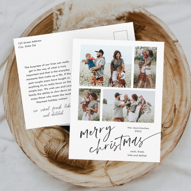 Cartão Postal De Festividades Simples Script de Colagem de Fotografias Feliz Nat (Modern script black and white merry christmas 4 photo collage holiday postcard.)