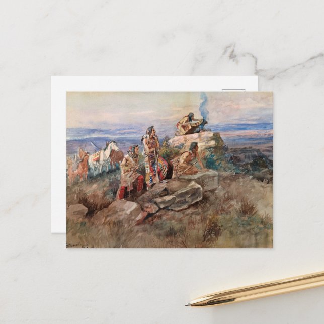 Cartão Postal De Festividades Sinal de fumaça por Charles Marion Russell (Frente/Verso In Situ)