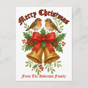 Cartão Postal De Festividades Sinos de Natal, Pássaros, Laço, Azevinho e Visco