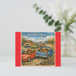 Cartão Postal De Festividades Sloth Road Rage – Rockwell‑Inspired Watercolor Car