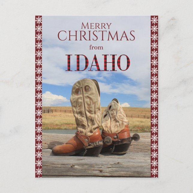 Cartão Postal De Festividades Snowflake Border Idaho Cowboy Boots Natal (Frente)