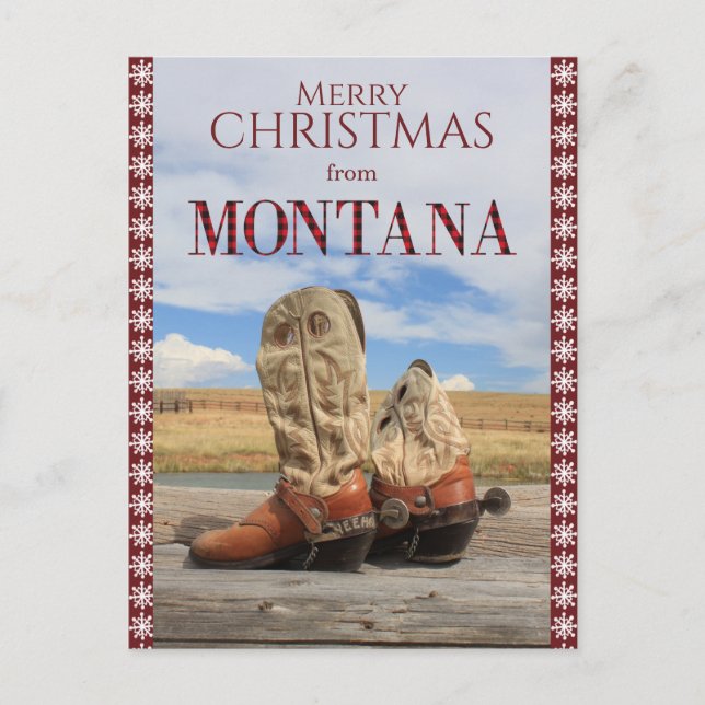 Cartão Postal De Festividades Snowflake Border Montana Cowboy Boots Natal (Frente)