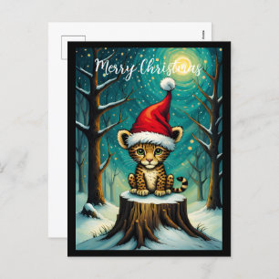 Cartão Postal De Festividades SnowForest Night Cute Baby Leopardo