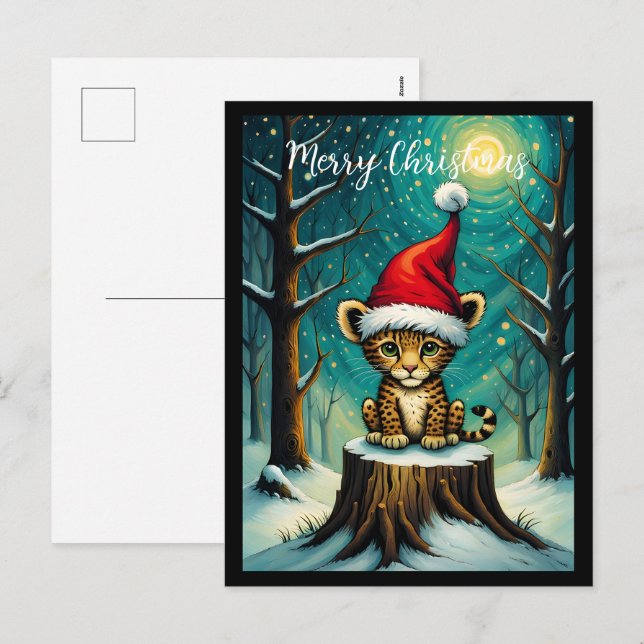 Cartão Postal De Festividades SnowForest Night Cute Baby Leopardo (Frente/Verso)