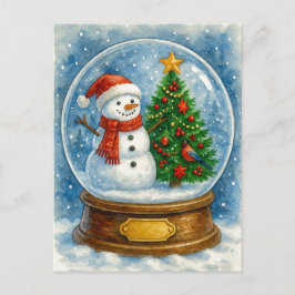 Cartão Postal De Festividades Snowman and Christmas Tree Snow Globe Postcard