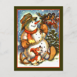 Cartão Postal De Festividades Snowman Birds e Puppy