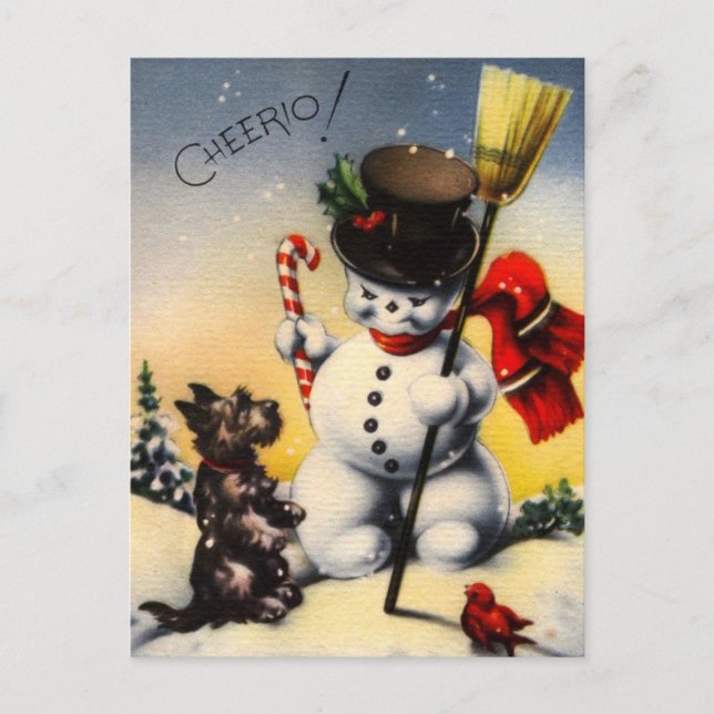 Cartão Postal De Festividades Snowman Britânico e Scotty Dog Dizendo "Cheerio!" (Frente)