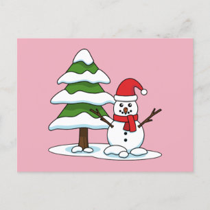 Cartão Postal De Festividades Snowman com Snowy Pine Tree