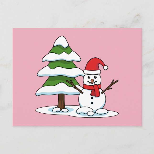 Cartão Postal De Festividades Snowman com Snowy Pine Tree (Frente)