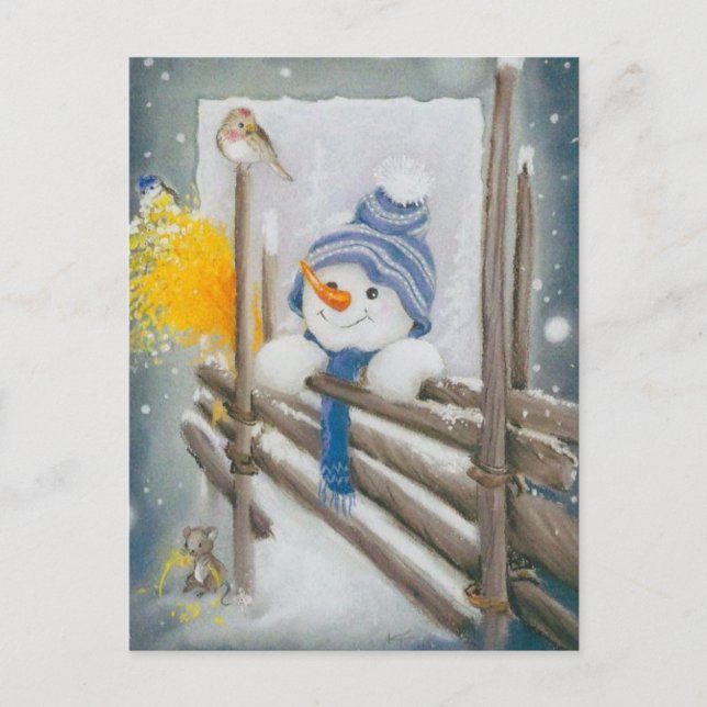 Cartão Postal De Festividades Snowman De Natal A Olhar Para O Pássaro (Frente)
