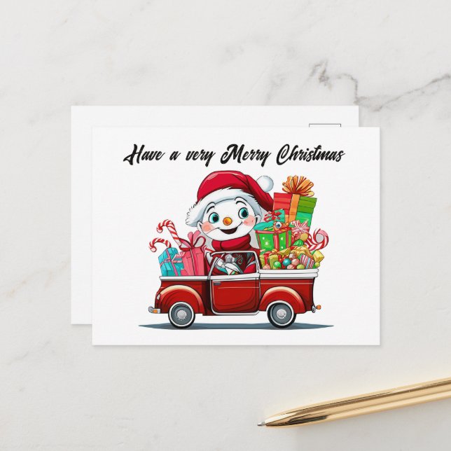 Cartão Postal De Festividades Snowman de Natal adiciona texto aquarela Feriado (Frente/Verso In Situ)