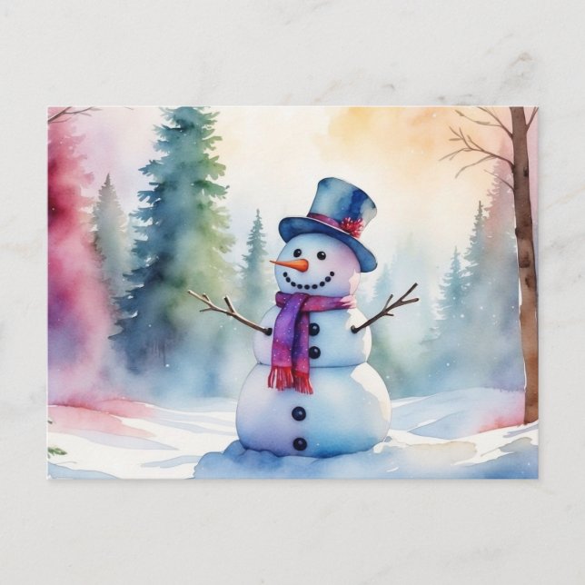 Cartão Postal De Festividades Snowman e Floresta de inverno da Aquarela de Natal (Frente)