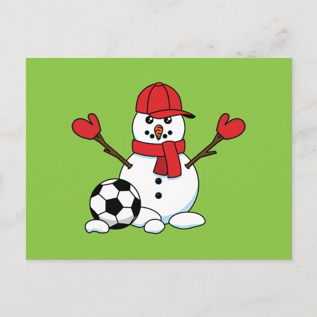Cartão Postal De Festividades Snowman engraçado com bola de futebol (Frente)