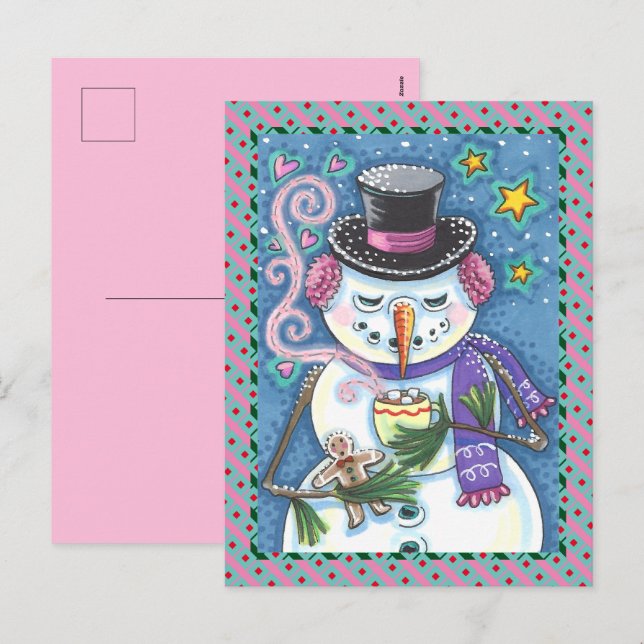 CARTÃO POSTAL DE FESTIVIDADES SNOWMAN, GINGERBREAD MAN E MUG DE CHOCOLATE QUENTE (Frente/Verso)