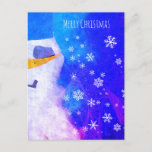 Cartão Postal De Festividades Snowman Snowflakes Blue Magical Christmas<br><div class="desc">Bonito bonitão de inverno e flocos de neve. Feliz desejo de Natal para seus amigos e família - você pode mudar o texto. Flocos de neve brancos em fundo abstrato azul e rosa fazem com que este cartão postal seja mágico e contador de fadas como.</div>