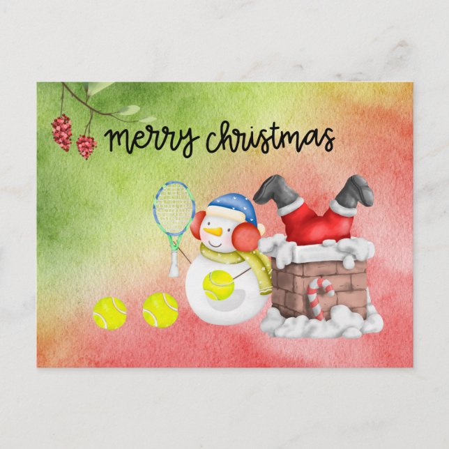 Cartão Postal De Festividades Snowman toca tênis de aquarela de Natal Holi (Frente)