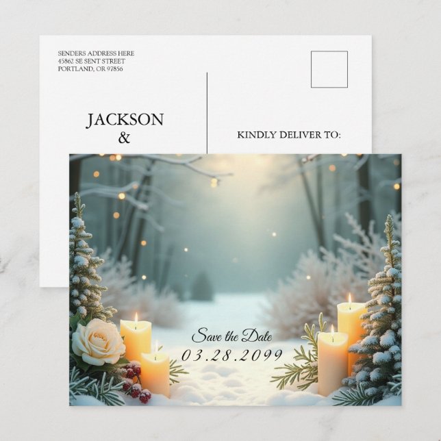 Cartão Postal De Festividades Snowy Candlelit Fosco Evergreens (Frente/Verso)